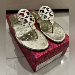 Tory Burch Miller Sandal- Metallic Wrinkled Leather-Spark Gold